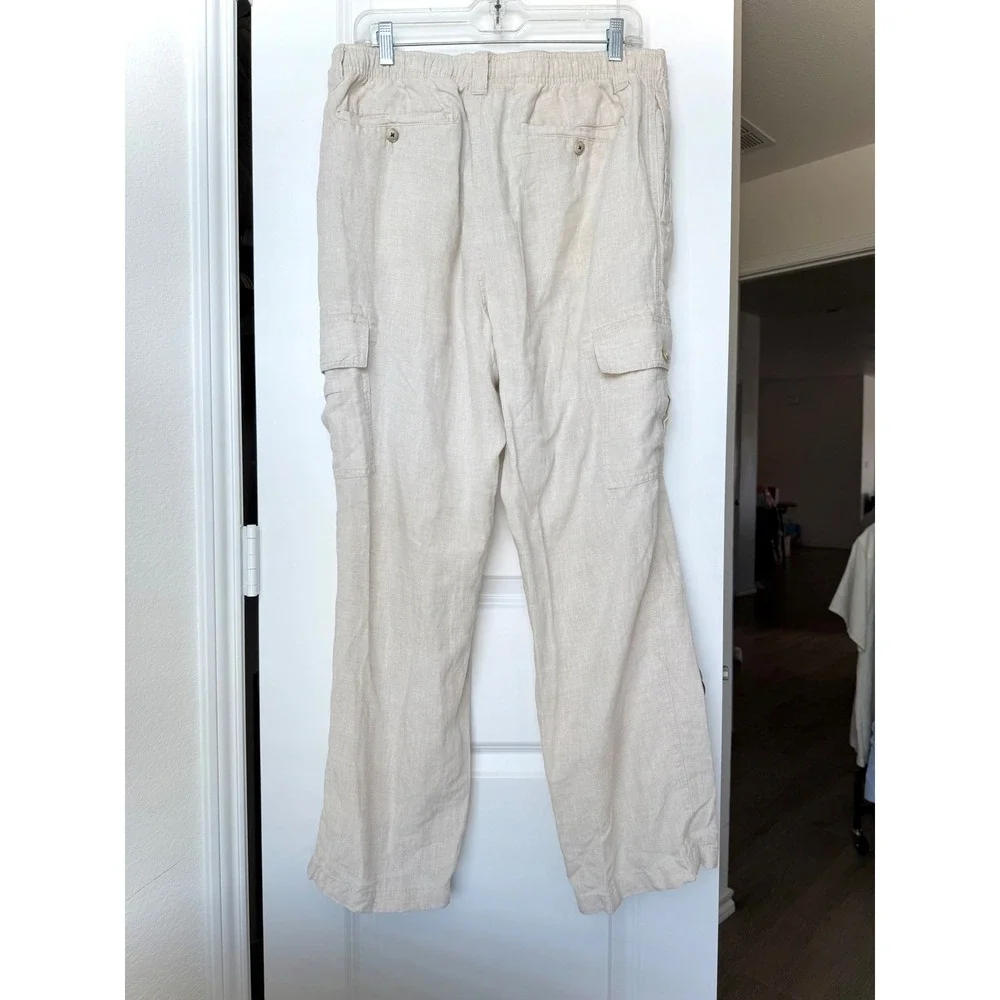 Caribbean Mens 100% Linen Cargo Pants 38x30 Beige Oatmeal Elastic Waist Relaxed